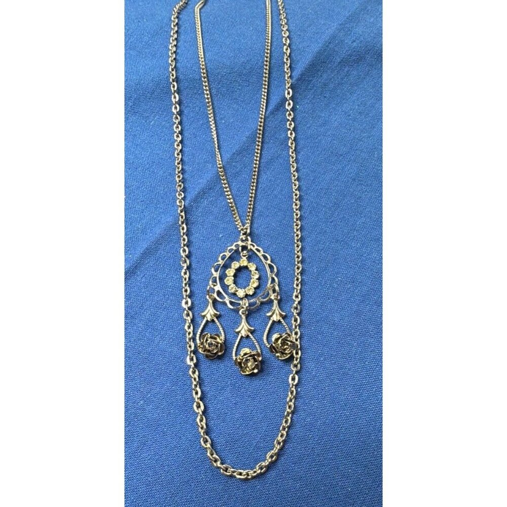 Silver Layered Double Chain Rhinestone Roses Victorian Romantic Necklace 17" - Picture 4 of 10
